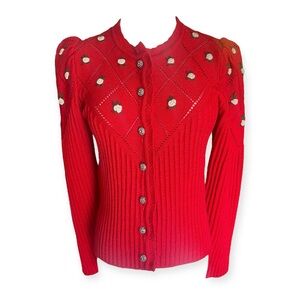 VTG Red Wool Bend Rosette Knot Cardigan Sweater XS